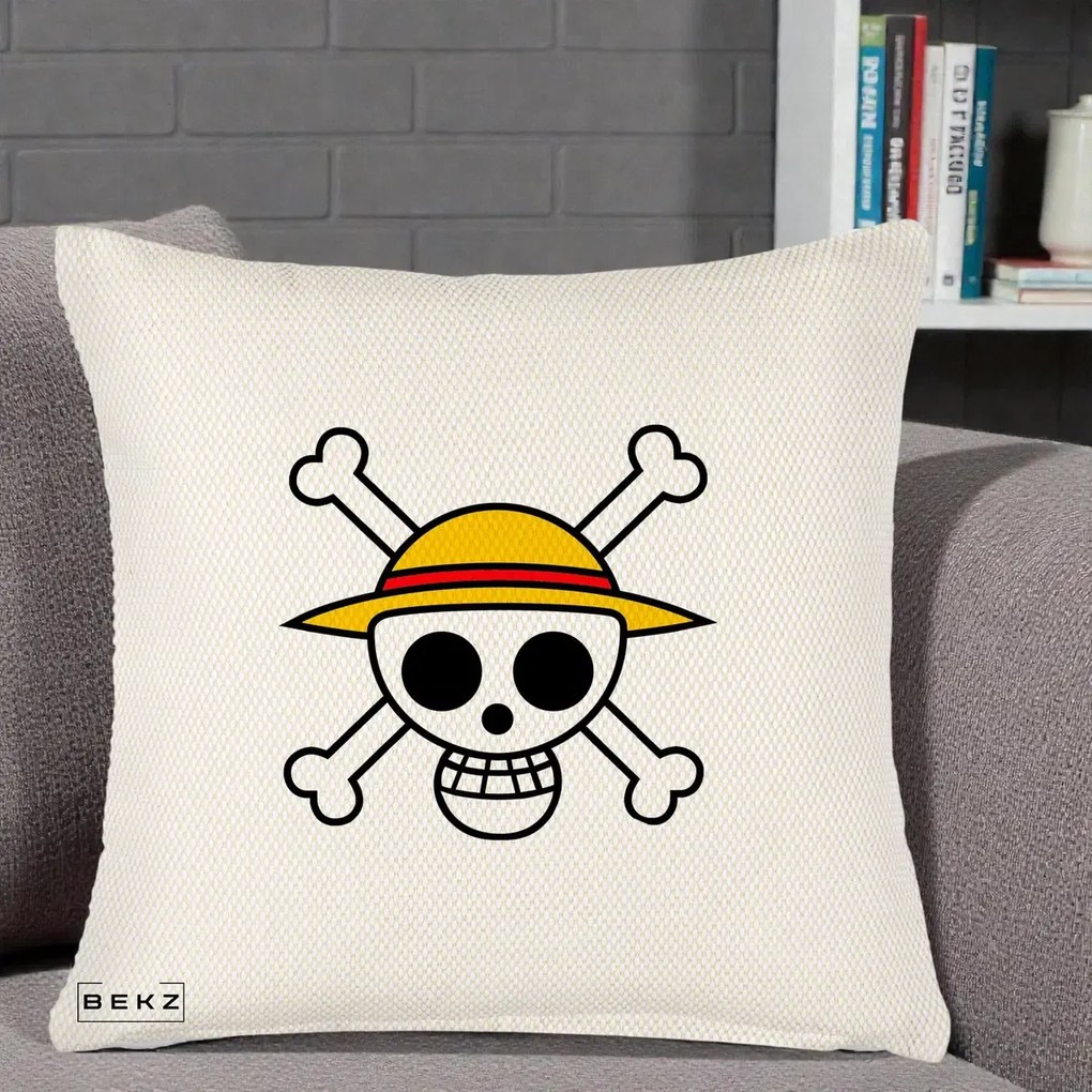 Perna Personalizata One Piece Jolly Roger Straw Hat Pirates, 40x40 cm, Crem Reliefat, Husa Detasabila, Perna Inclusa, BEKZ®
