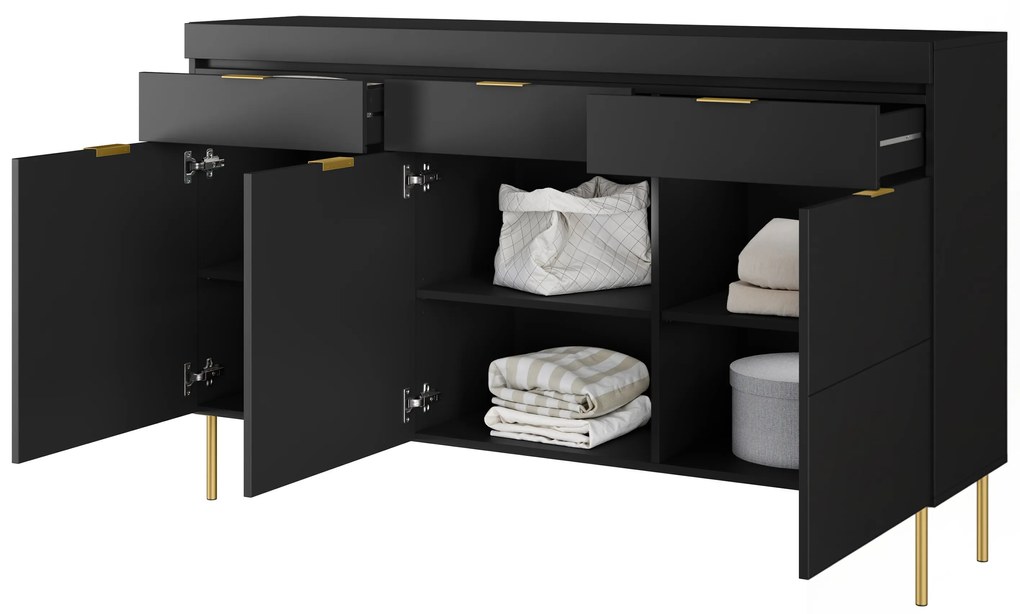 Comodă cu trei uși Sentia 157 cm cu trei sertare - negru / auriu