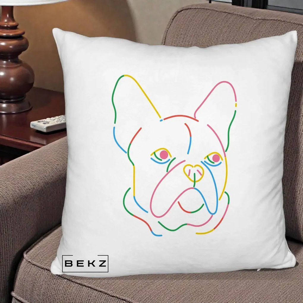 Perna Decorativa Bulldog Francez Line Art Curcubeu, 40x40 cm, Alb Pufos, Husa Detasabila, Perna Inclusa, BEKZ®