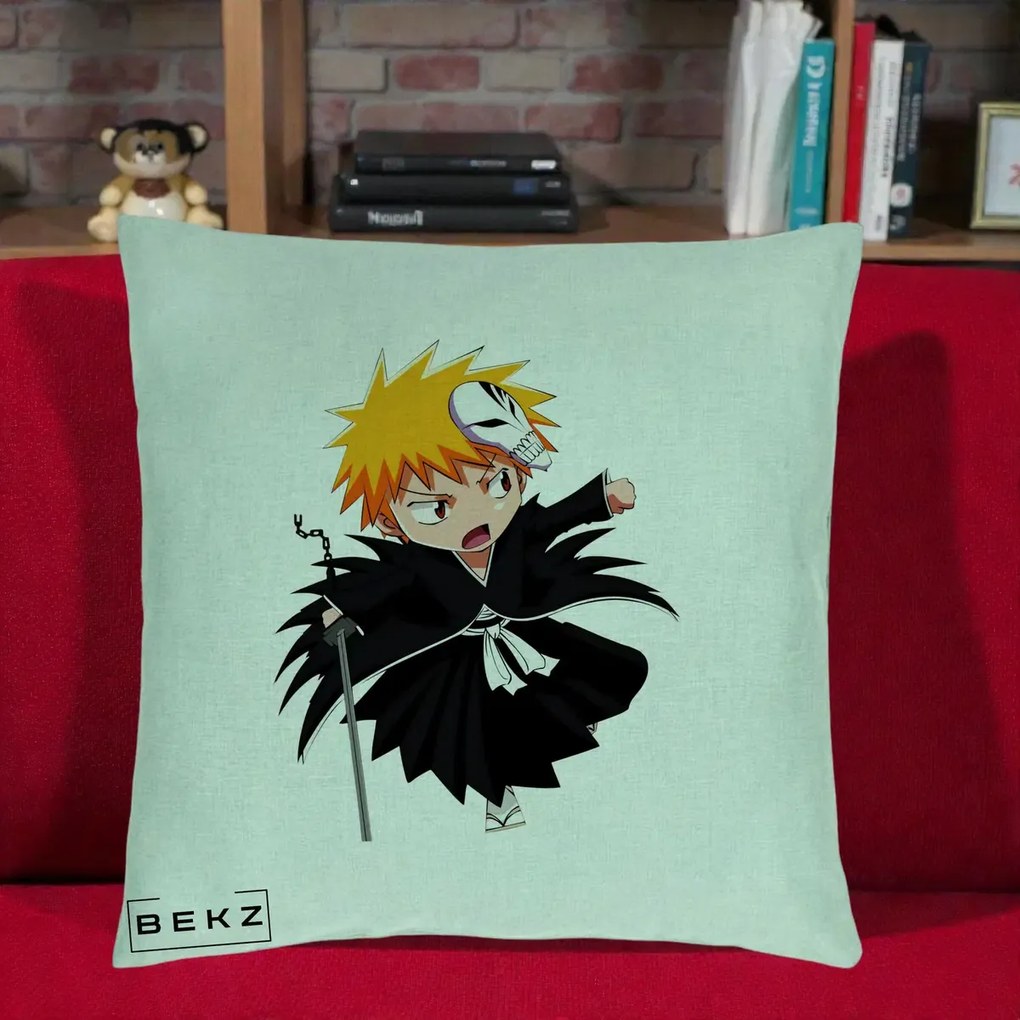 Perna Personalizata Bleach Ichigo Chibi cu Masca, 40x40 cm, Verde Menta, Husa Detasabila, Perna Inclusa, BEKZ®