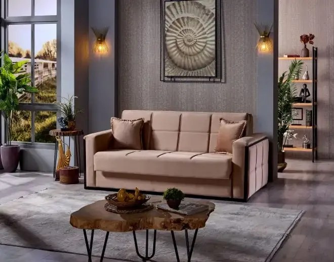 Canapea extensibila cu 3 locuri tip pat matrimonial cu lada de depozitare Atena,crem