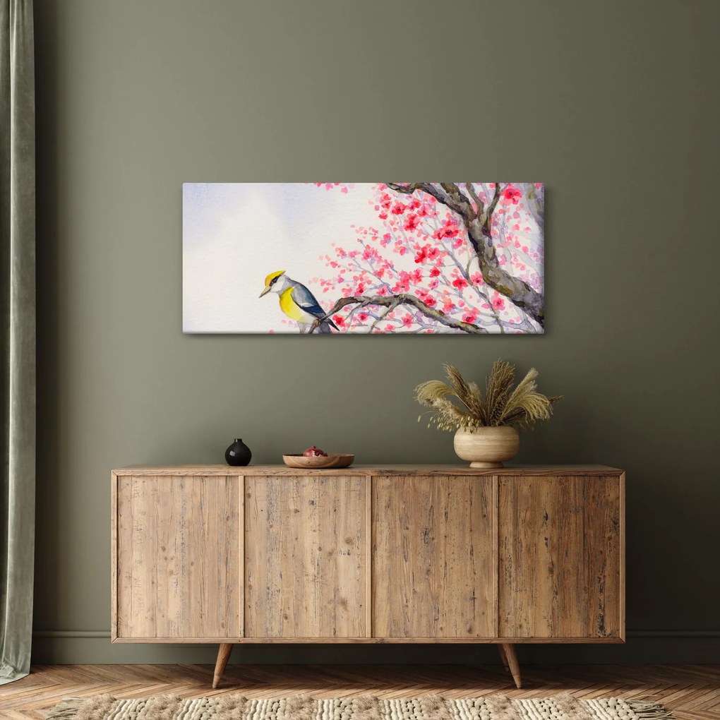 Tablou - Pasăre pe un copac cu flori roșii (120x50 cm)