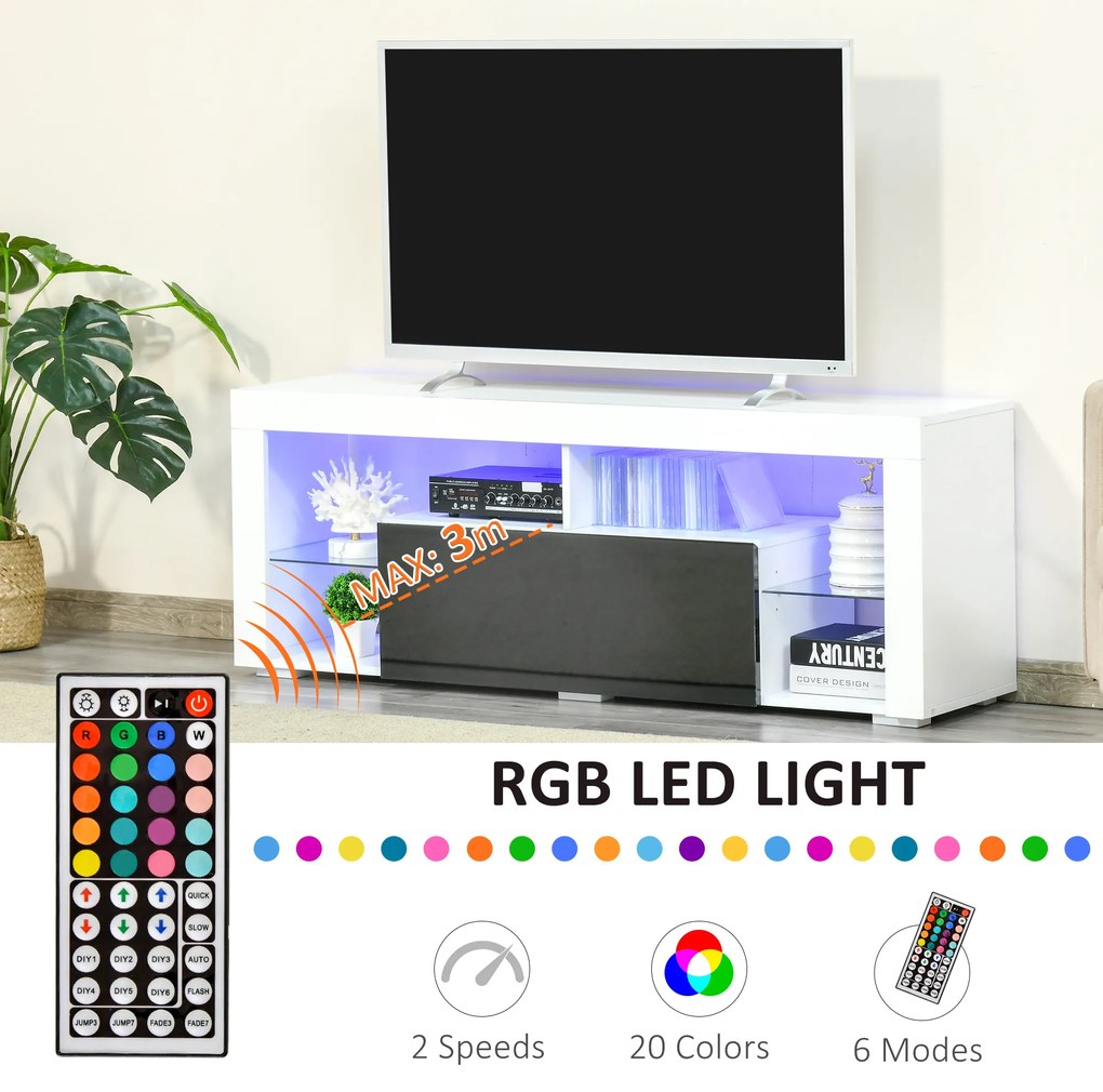 HOMCOM Suport TV cu Iluminare LED Multicoloră și Telecomandă, pentru Televizoare până la 55", Dulapior cu Sertare Lemn Alb Lucios | Aosom Romania