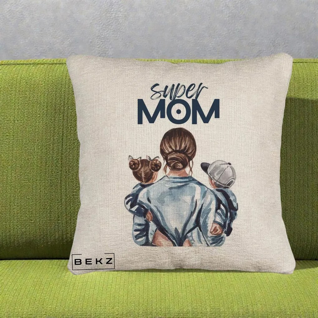 Cadou pentru Mama - Perna Personalizata Super Mom, 40x40 cm, Bej Canapea, Husa Detasabila, Perna Inclusa, BEKZ®