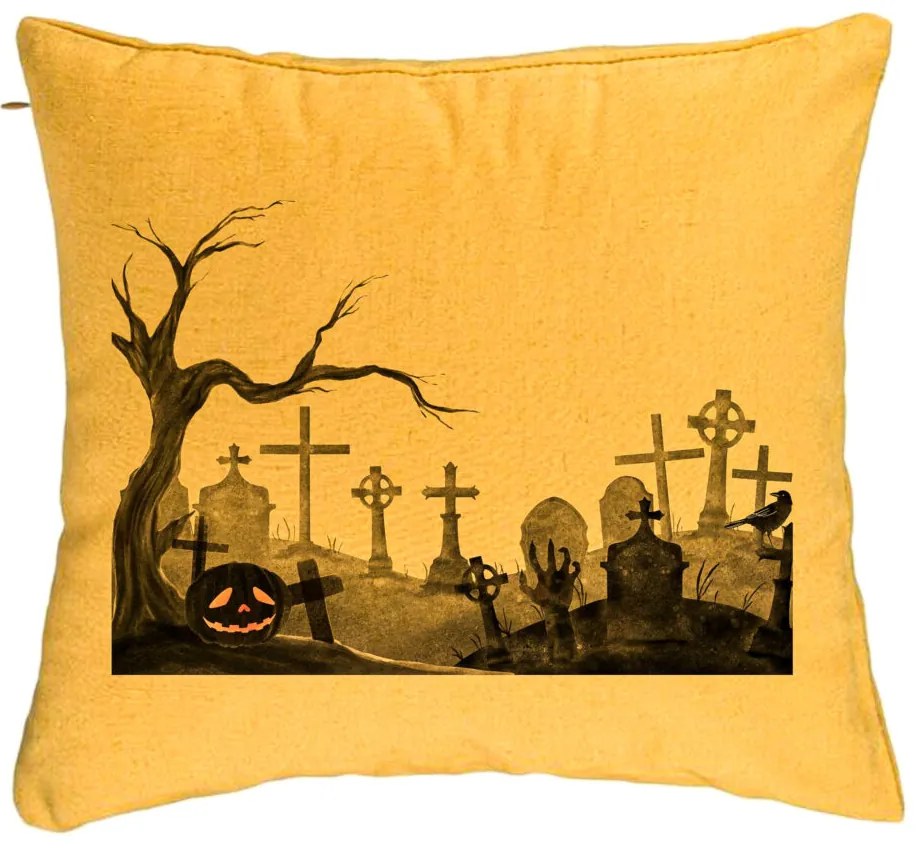 Perna Decorativa cu motiv Cimitir de Halloween, 40x40 cm, Galben, Husa Detasabila, Burduf