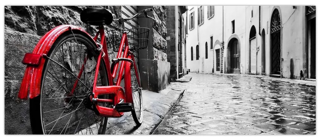 Tablou - Bicicleta roșie pe o stradă pavată (120x50 cm)