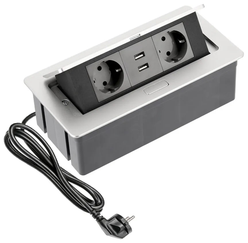 Priza incastrabila dreptunghiulara , 2 prize schuko 2 USB 5V 2.1A, aluminiu, prize negre, cablu 1.5m, GTV