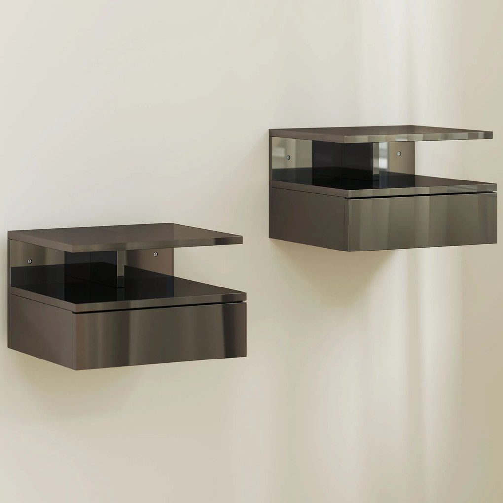 HOMCOM Set de 2 Noptiere Moderne Suspendate pentru Dormitor cu Sertar și Raft, 35x32x22,5 cm, Negru Lucios | Aosom Romania