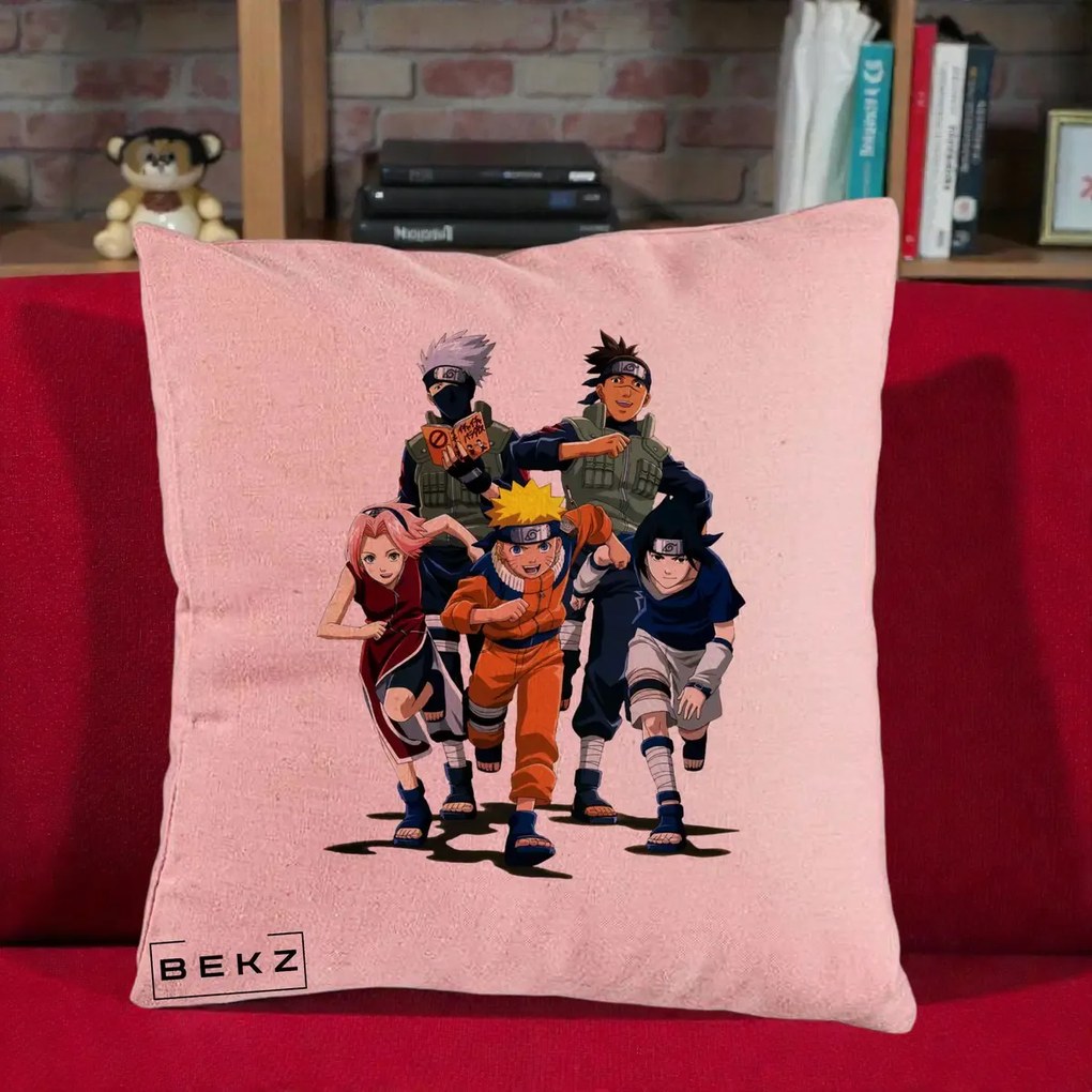 Perna Personalizata Naruto Echipa 7 Kakashi Sensei, 40x40 cm, Roz, Husa Detasabila, Perna Inclusa, BEKZ®
