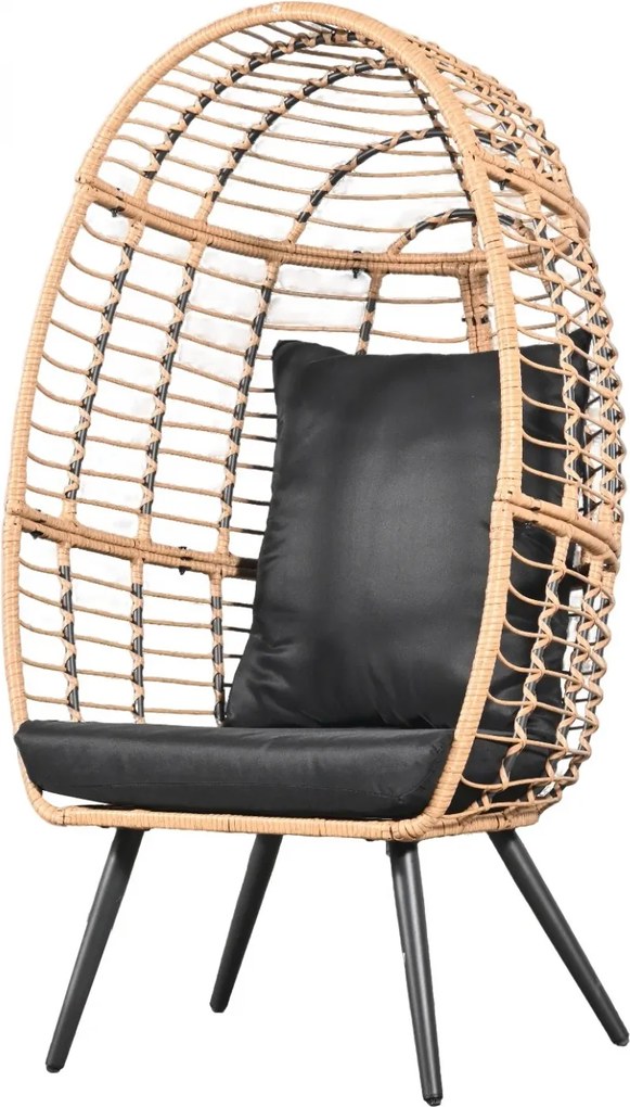Scaun tip ou din ratan PE pentru grădină sau terasă, cu pernă groasă, material impermeabil, 74x83x146 cm, Negru/Bej