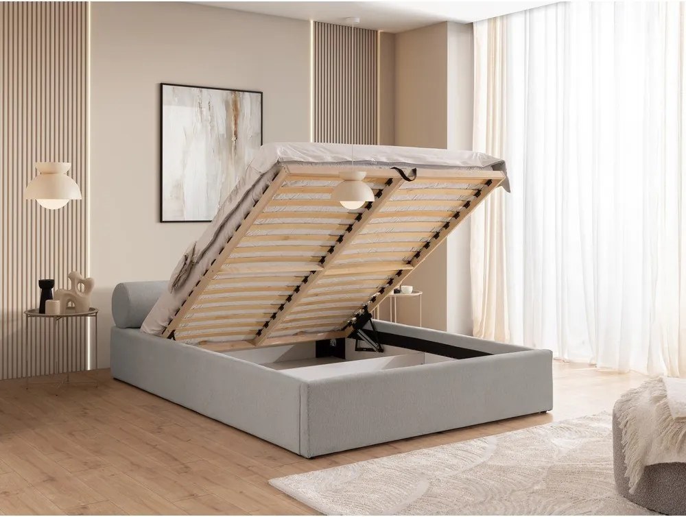 Pat matrimonial gri deschis tapițat cu spațiu de depozitare cu somieră 140x200 cm Cille – Ropez