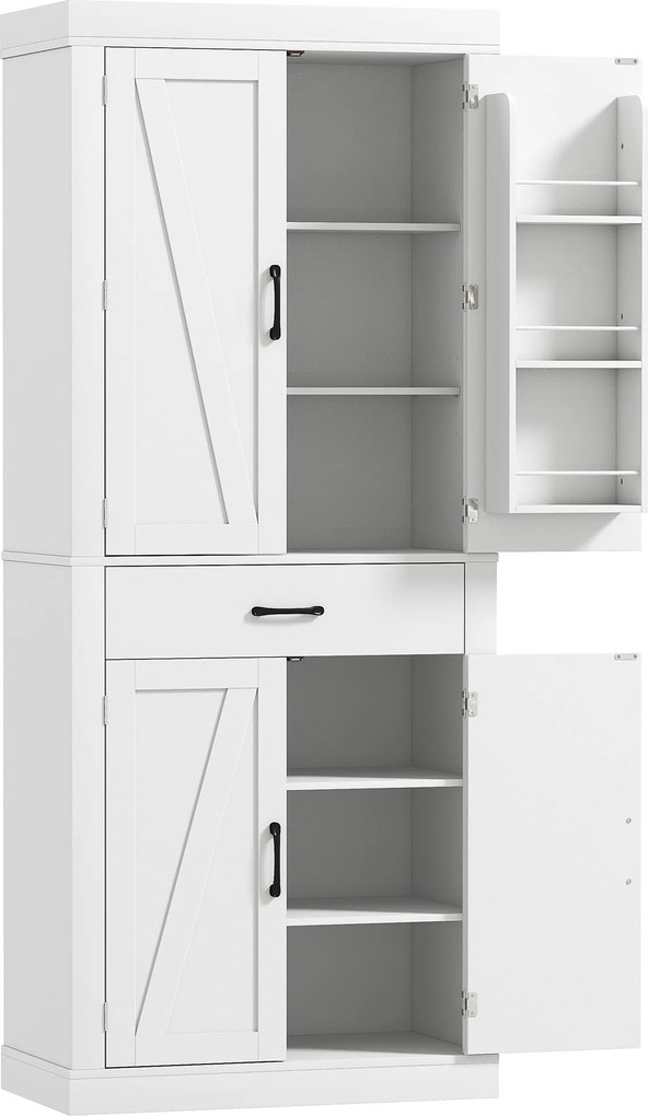 HOMCOM Dulap de bucătărie în stil country cu 2 dulapuri, 6 rafturi și un sertar, din lemn, 76x39,5x183,5 cm, alb | Aosom Romania