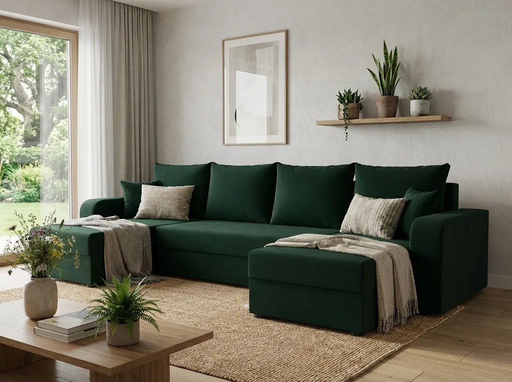 Coltar extensibil in forma de U VALERIO 305x140 cm, verde inchis