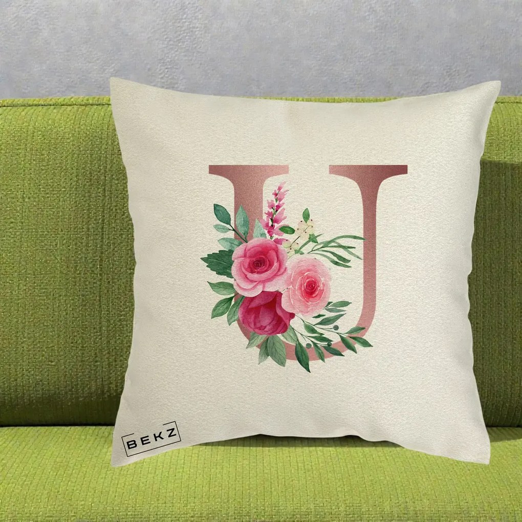 Cadou Personalizat - Perna Personalizata Monograma Rose Gold Litera U, 40x40 cm, Ecru, Husa Detasabila, Perna Inclusa, BEKZ®