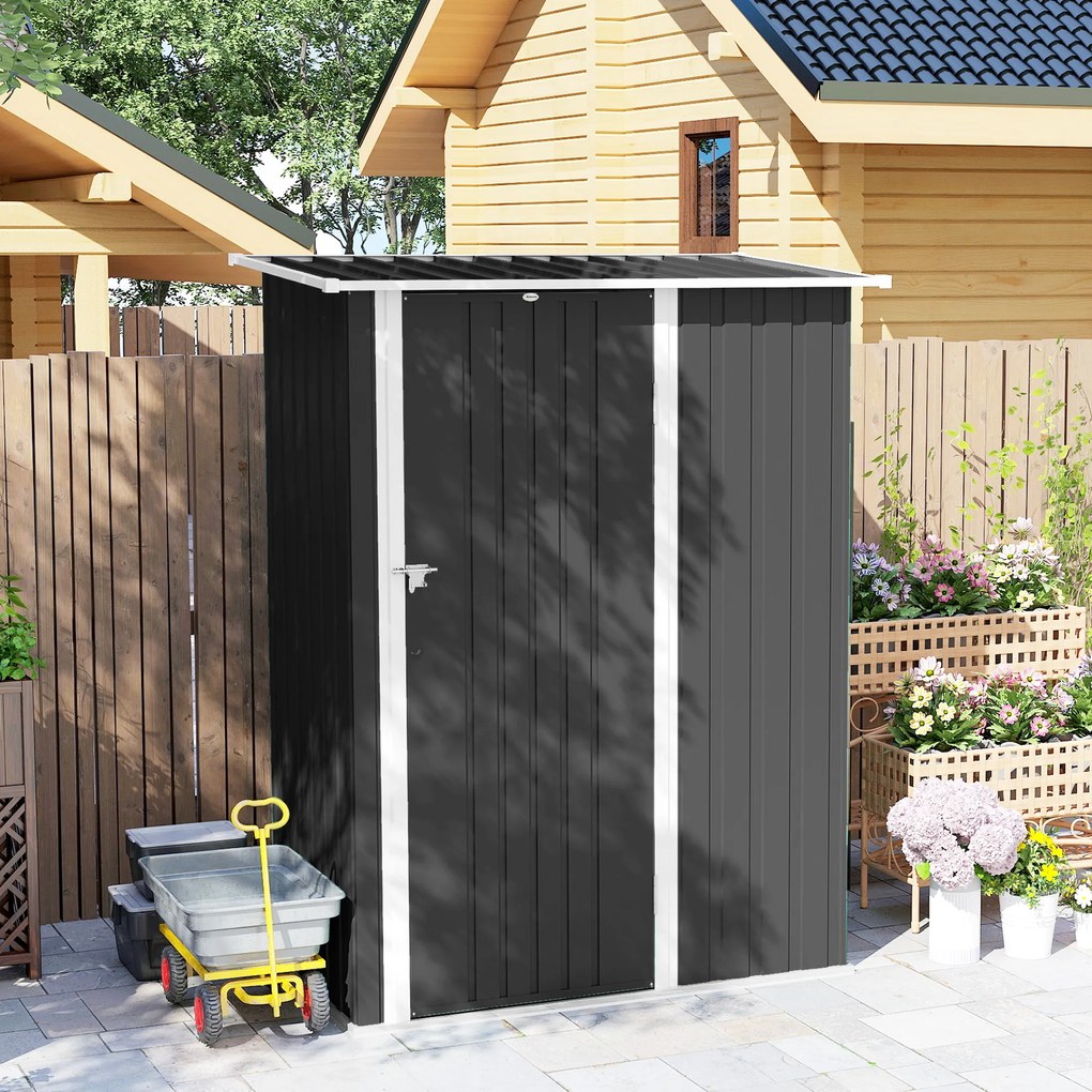 Outsunny Căsuță de Grădină 1.07m² din Oțel Zincat, Adăpost pentru Unelte cu Ușă Blocabilă, Acoperiș Înclinat, 142x86x189 cm, Gri Închis | Aosom Romania