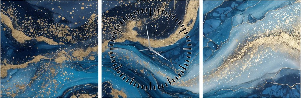 Tablou - Marmură abstractă albastru-aurie (cu ceas) (90x30 cm)