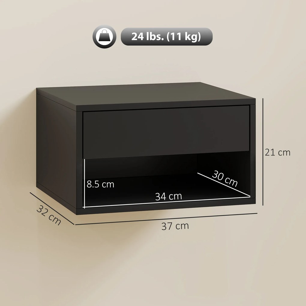 HOMCOM Set de 2 noptieri montate pe perete, sertar, compartiment deschis, blat, 37 x 32 x 21 cm, negru | Aosom Romania