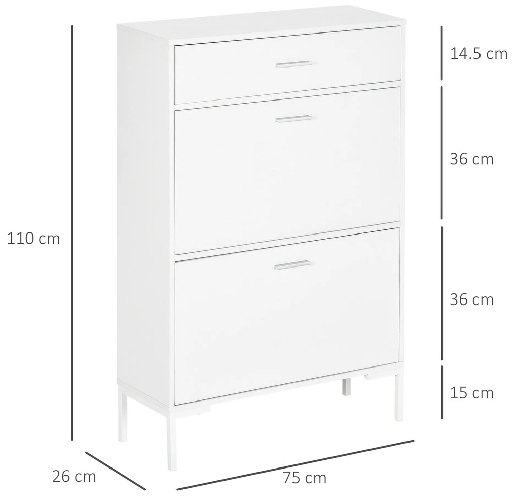 Dulap modern pentru pantofi HOMCOM, 12 perechi de pantofi cu 2 usi si sertar, din PAL, MDF si metal, 75x26x110 cm, alb | Aosom RO