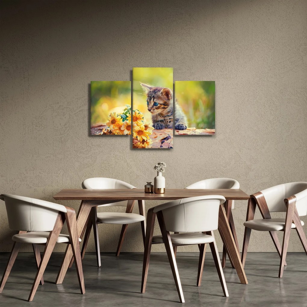 Tablou cu pisicuța uitându-se la floare (90x60 cm)