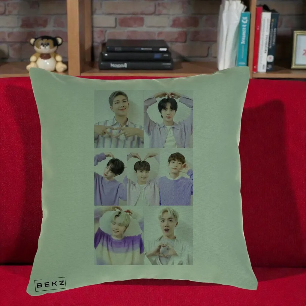 Perna Personalizata K-pop BTS Colaj 7 Portrete cu Inimi Lila, 40x40 cm, Verde, Husa Detasabila, Perna Inclusa, BEKZ®