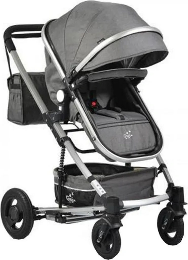 Carucior nou nascuti 2 in 1 NOVOKIDS™ GIGI PRO , Cu geanta bebe inclusa, Roti din cauciuc plin AVE, Cadru aluminiu Silver, Maner reversibil, Spatar