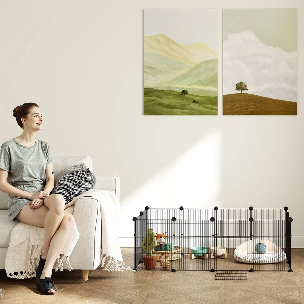 PawHut Tarc de joacă, tarc cu 12 panouri, tarc pentru animale mici, iepuri, porcușori de Guineea, 120x60x40 cm, Negru | Aosom Romania