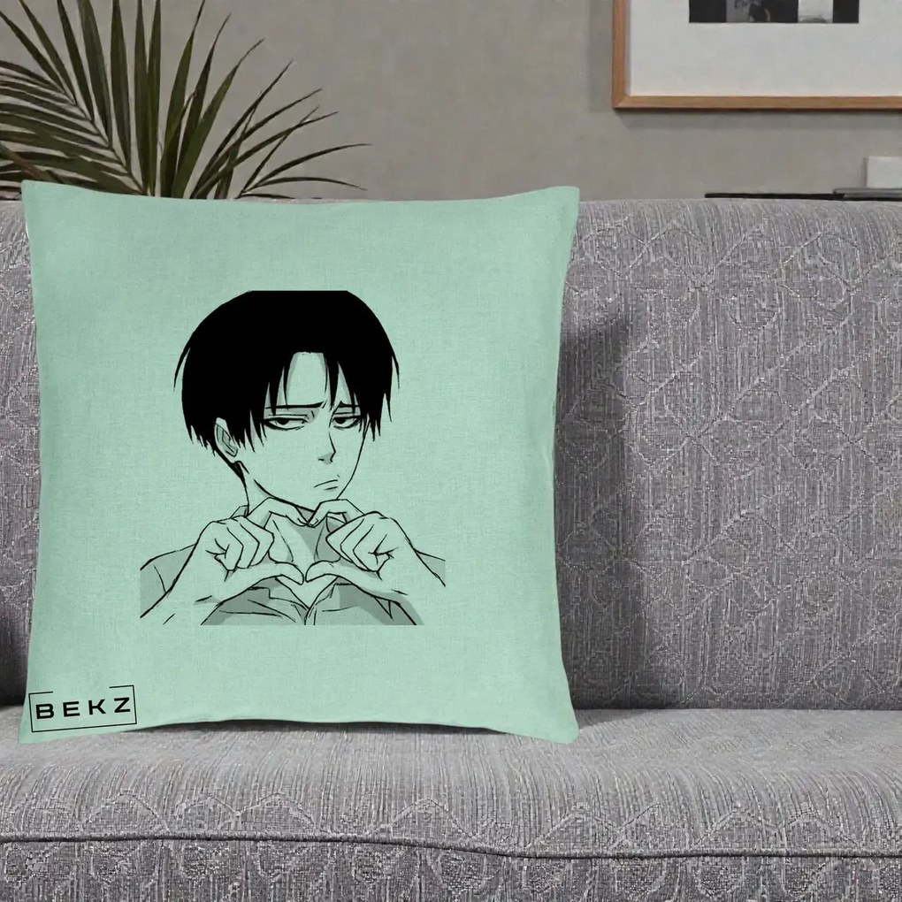 Perna Personalizata Levi Ackerman Inima, 40x40 cm, Verde Menta, Husa Detasabila, Perna Inclusa, BEKZ®