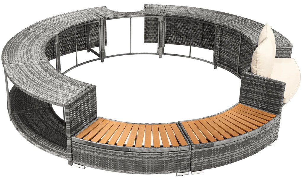 Set de lounge pentru grădină cu canapea rotundă, picioare ajustabile, include perne, pentru jacuzzi și piscină, Gri