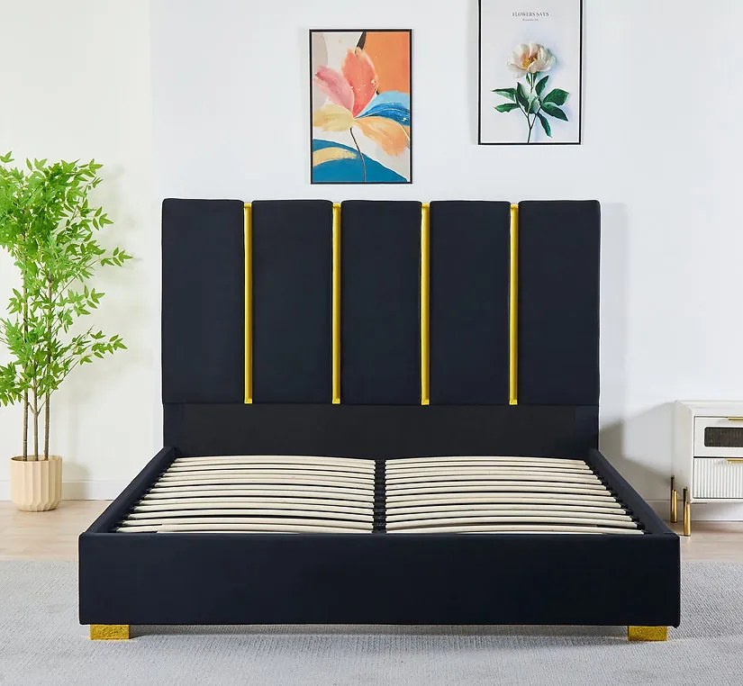 Pat Tapitat Catifea Negru 160x200 cm cu Somiera si Saltea  Inclusa ,   Cod LB-214