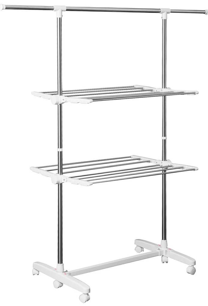 Suport de rufe HOMCOM, extensibil, cu 3 niveluri, cu brațe pliabile, roti, uscător de rufe pentru interior și exterior, Alb, 83-136,5 x 45,5 x 154 cm | Aosom Romania