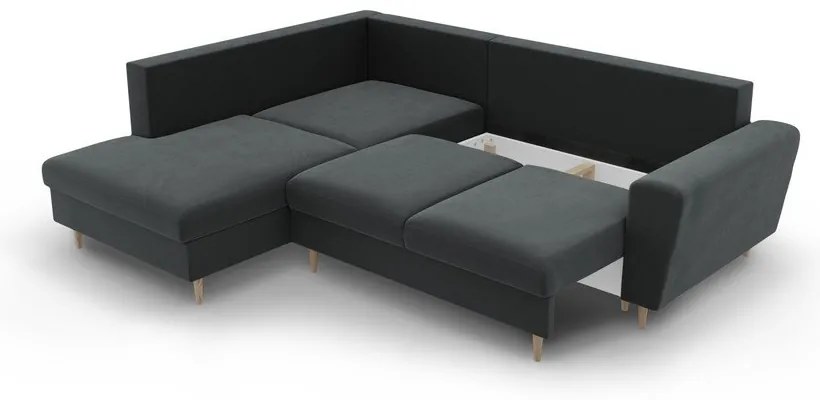 Colțar gri închis extensibil, cu spațiu de depozitare cu tapițerie din catifea (cu colț pe partea stângă-în formă de ”L”) Kyoto – Cosmopolitan Design