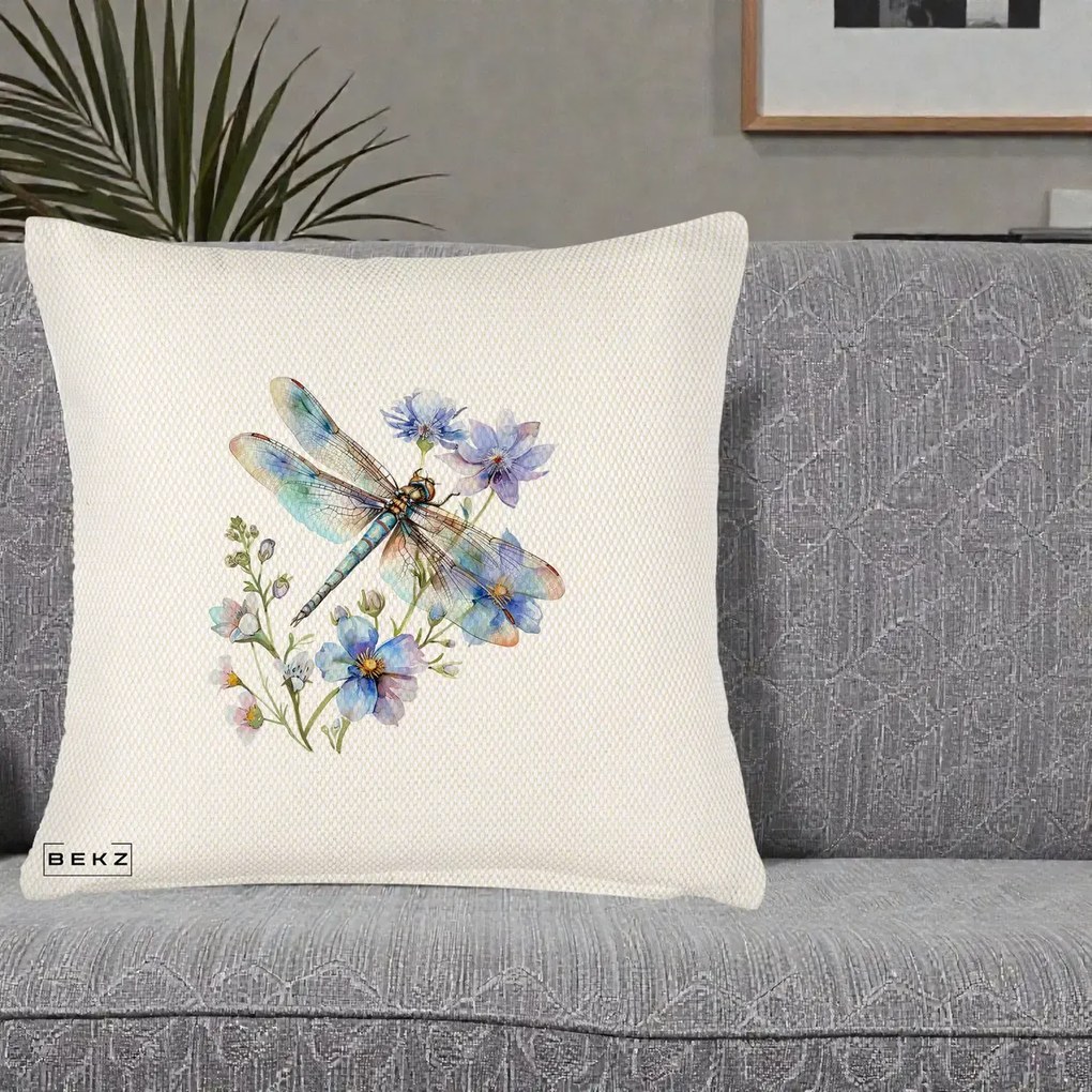 Perna Decorativa Libelula Acuarela Flori Albastre, 40x40 cm, Crem Reliefat, Husa Detasabila, Perna Inclusa, BEKZ®