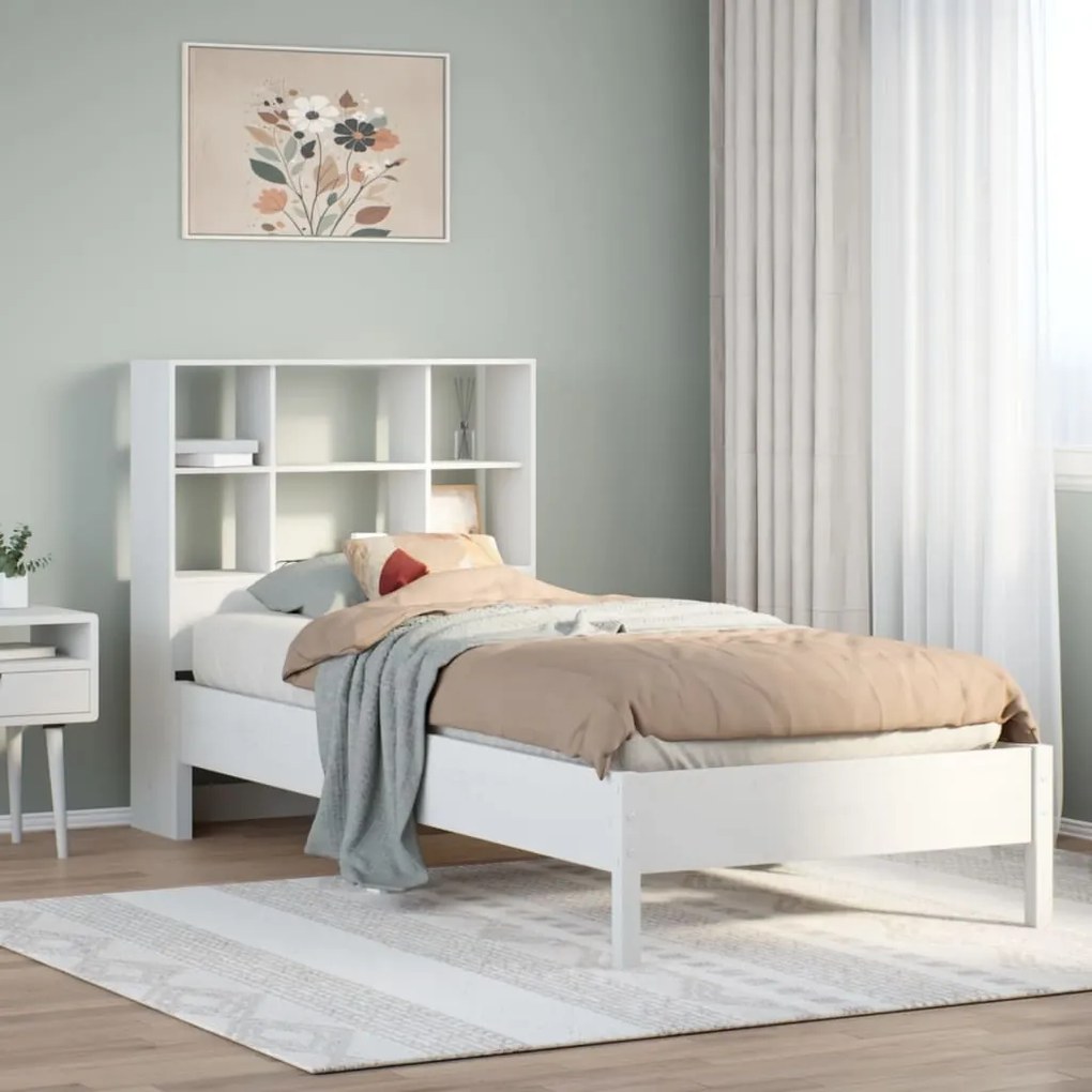 vidaXL Pat cu bibliotecă fără saltea, alb, 90x190 cm, lemn masiv pin