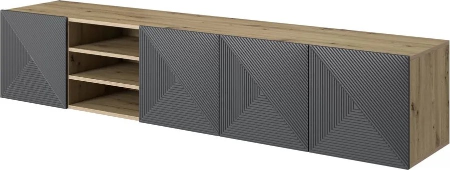 Dulap TV suspendată Asha 200 cm, partea frontală riflat și nișă – stejar artisan / rivier stone mat