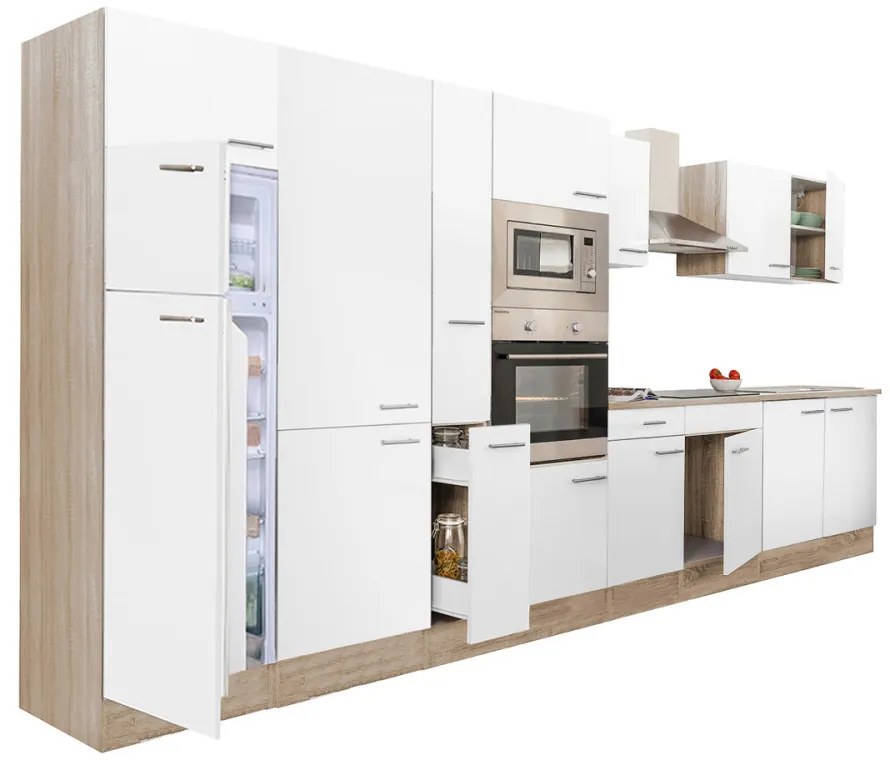 Mobilă de bucătărie Yorki 420, corp din stejar sonoma, față alb satinat, frigider cu congelator superior