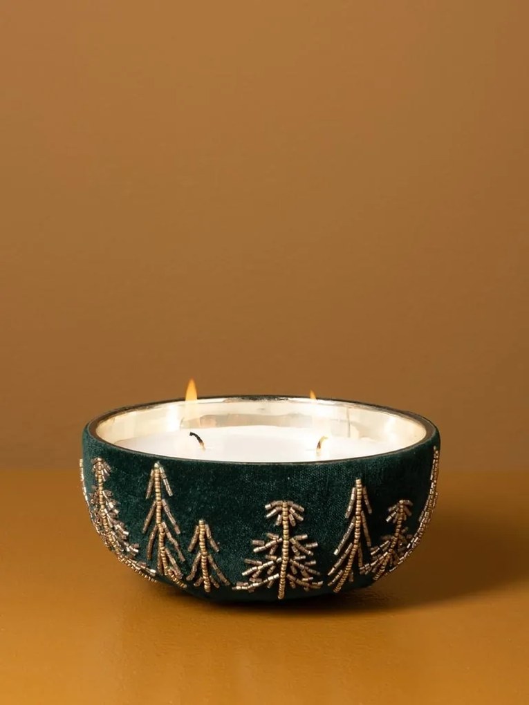 Lumânare decorativă din sticlă și catifea verde închis, brodată cu brazi aurii din mărgele, finisaj catifelat, 7 x 15 cm, „Sapinière”