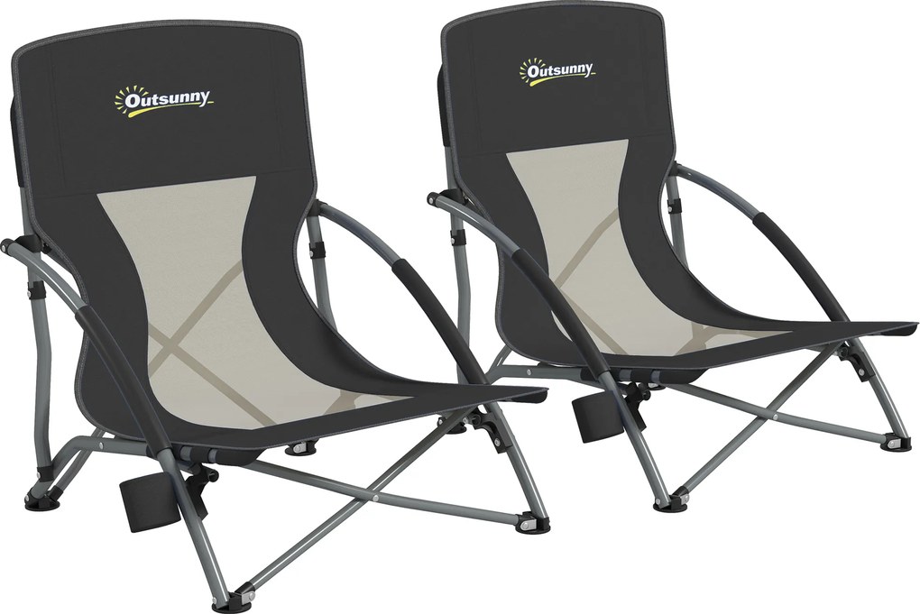 Outsunny Set de 2 Scaune de Plajă Pliabile și Ușoare cu Spătar din Plasă Brațe și Geantă 58x55x62 cm Negru | Aosom Romania