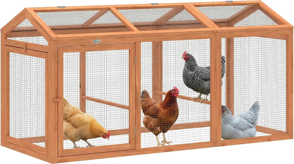 PawHut Adăpost exterior pentru găini cu bară de odihnă și uși duble, din lemn și metal, pentru 4 găini, 156 x 70,5 x 84 cm Portocaliu | Aosom Romania