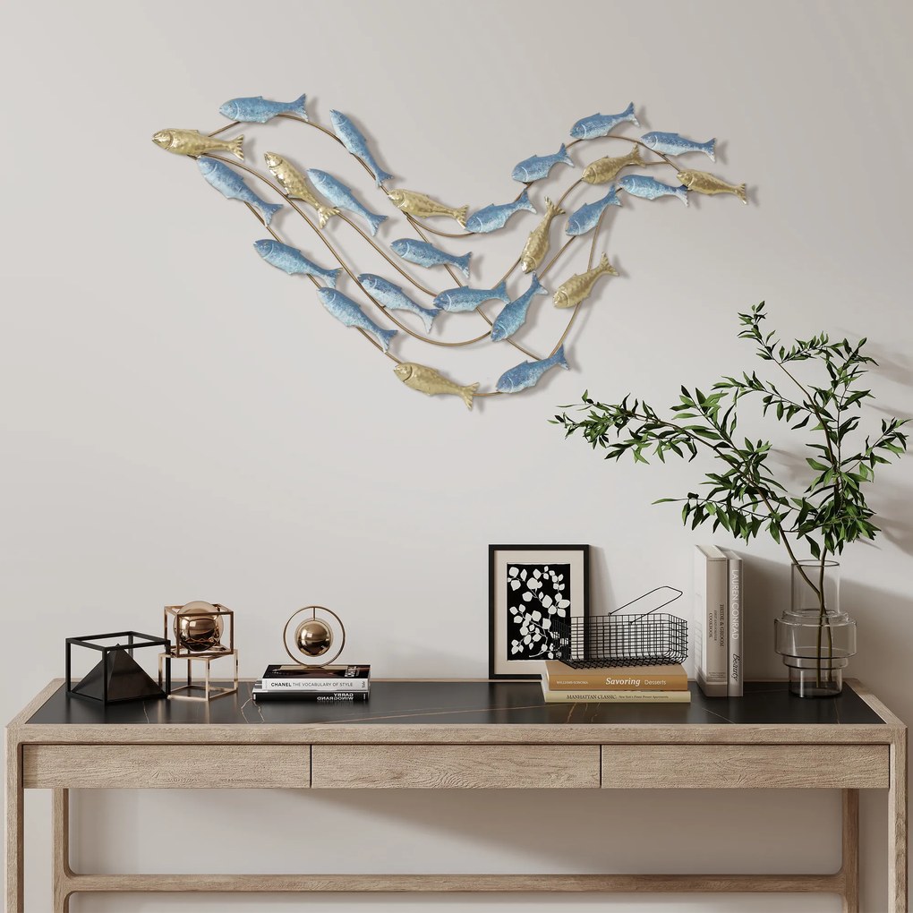 HOMCOM Artă de Perete cu Banc de Pești și Șuruburi Incluse pentru Casă și Birou, Decor Metalic, 99,7x3,8x50,2 cm, Auriu și Albastru | Aosom Romania