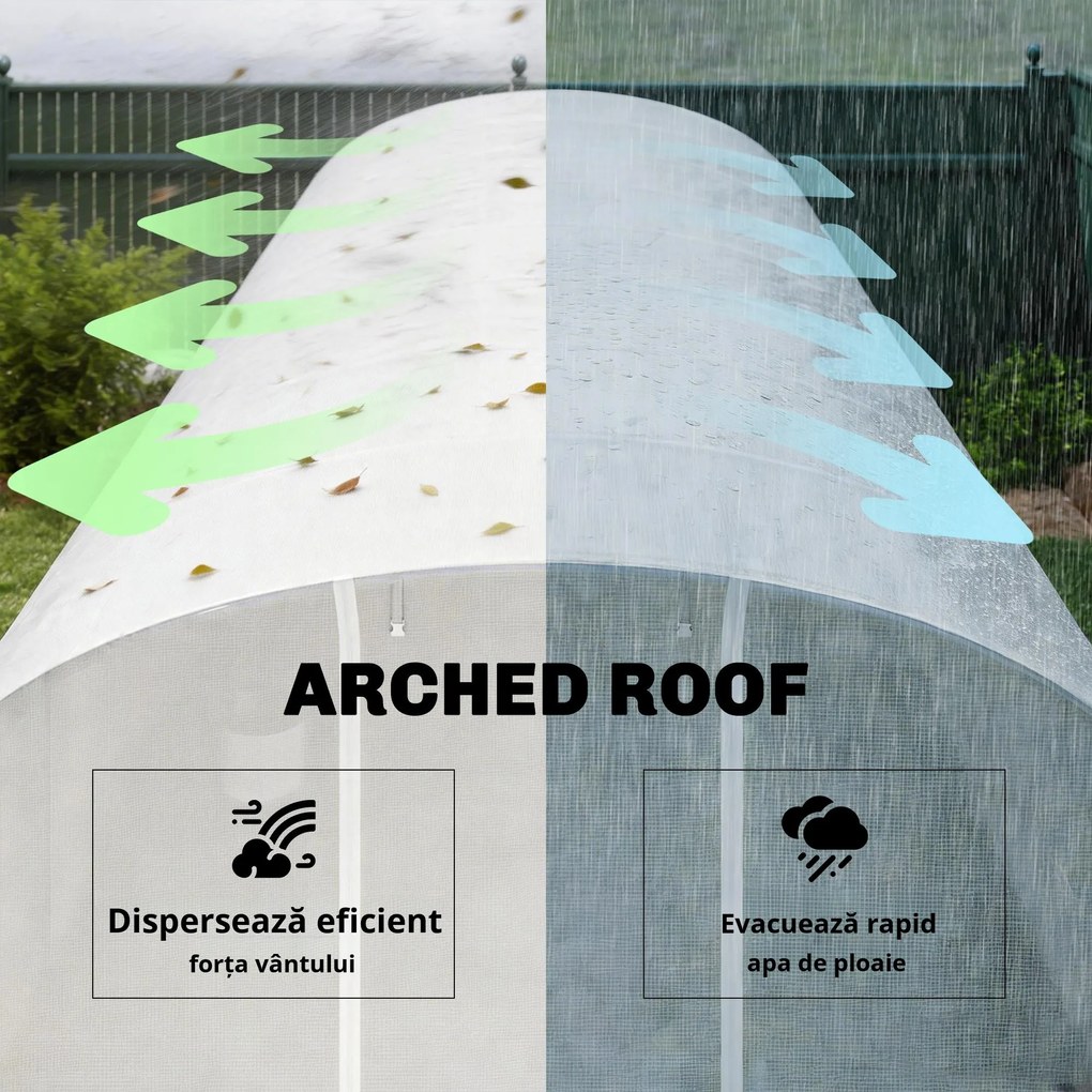 Outsunny Seră tunel de grădină 24 m², seră tunel cu cadru din oțel galvanizat, uși și 2 ferestre mari, alb | Aosom Romania