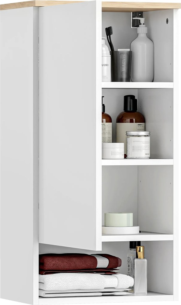 HOMCOM Dulap de perete pentru baie cu rafturi reglabile, compartiment deschis, lemn, Weiß | Aosom Romania
