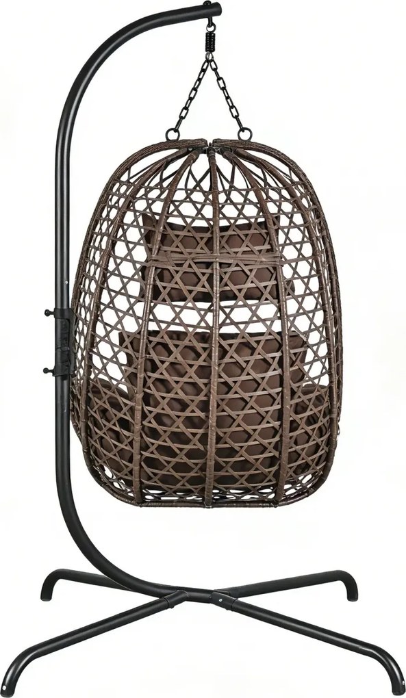 Fotoliu leagan suspendat, cu perne moi, cos pliabil, rezistente la UV, împletitură PE ratan, structură metalică, pentru interior și exterior, Maro