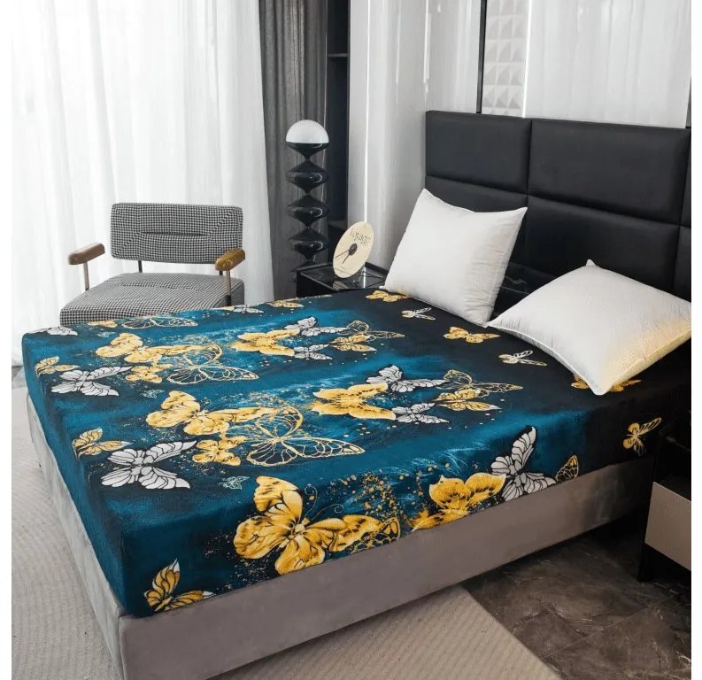 Cearsaf Cocolino microplus cu elastic FLUTURE AURIU SI ALB 160x200 cm verde inchis