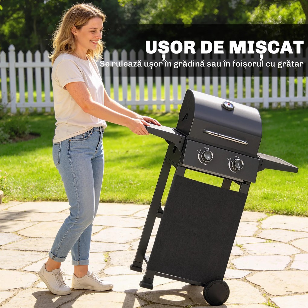 Outsunny Grătar pe Gaz Protan cu 2 Arzătoare, Portabil, Termometru, Negru | Aosom Romania