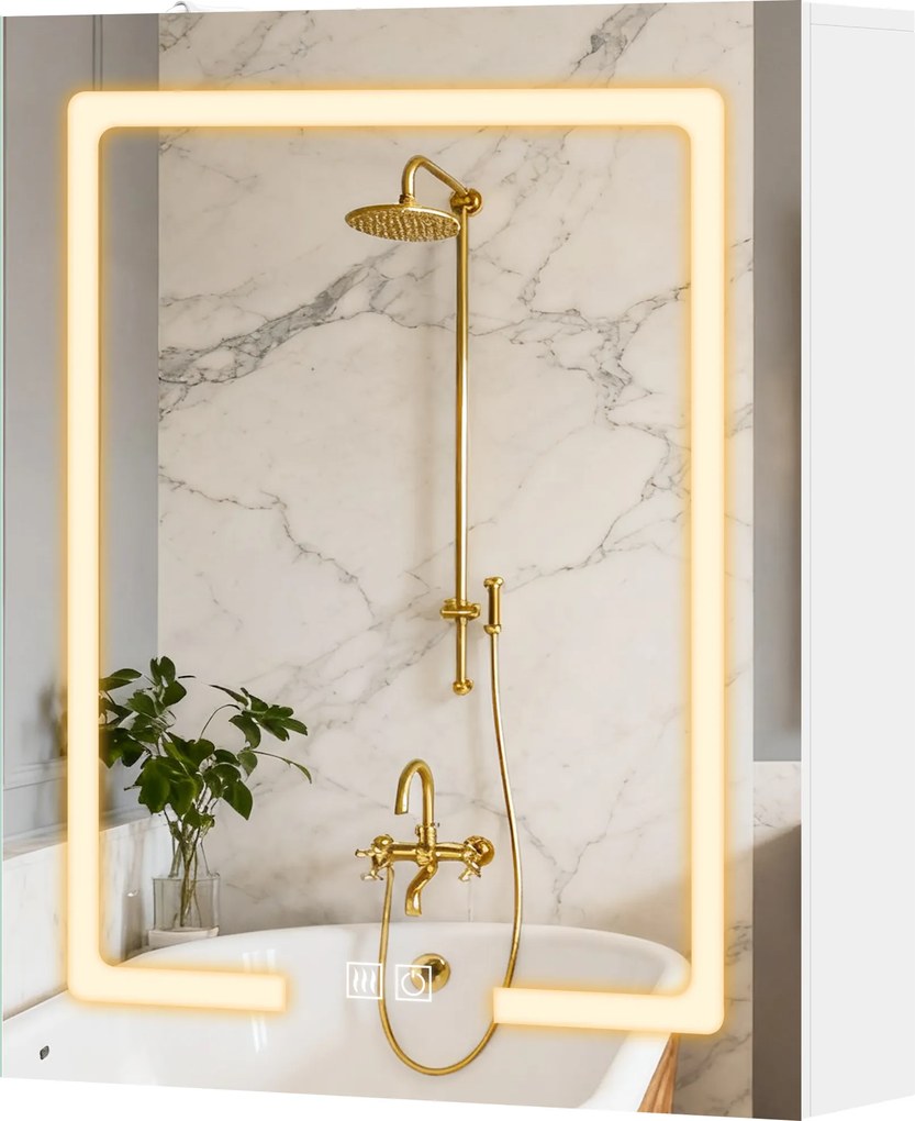 HOMCOM Dulap cu oglindă pentru baie cu iluminare, raft reglabil, ușă, 3 temperaturi de culoare, anti-aburire 50 x 15 x 60 cm Alb | Aosom Romania