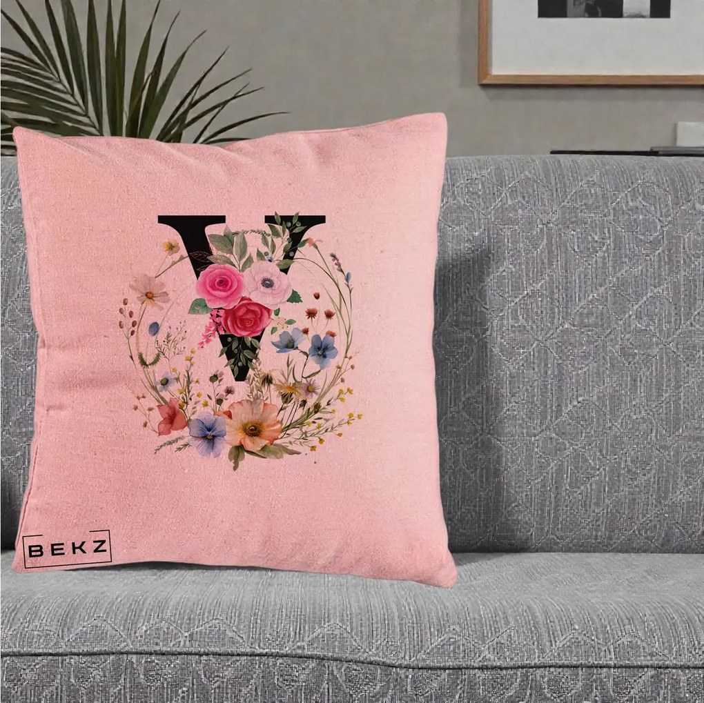 Cadou Personalizat - Perna Personalizata Monograma Florala Litera V cu Coroana, 40x40 cm, Roz, Husa Detasabila, Perna Inclusa, BEKZ®
