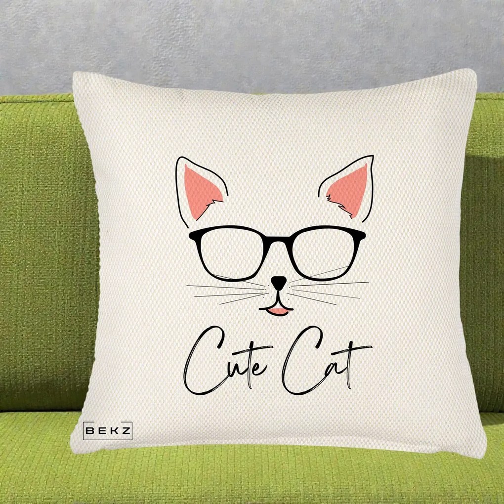 Perna Personalizata Cute Cat cu Ochelari, 40x40 cm, Crem Reliefat, Husa Detasabila, Perna Inclusa, BEKZ®