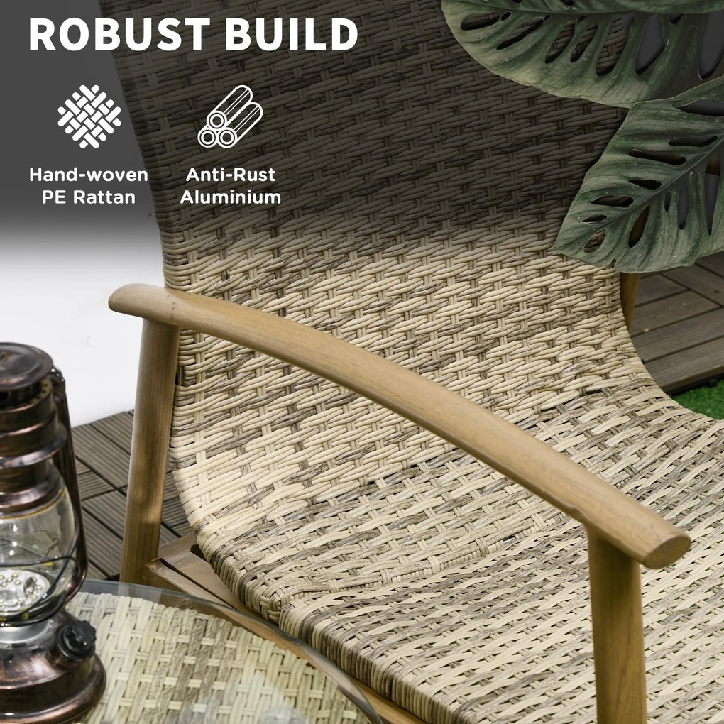 Outsunny Set Mobilier Terasă 3 Piese din Răchită, Salon Exterior cu Perne Moi și Masă de Cafea din Sticlă Securizată, Confortabil | Aosom Romania