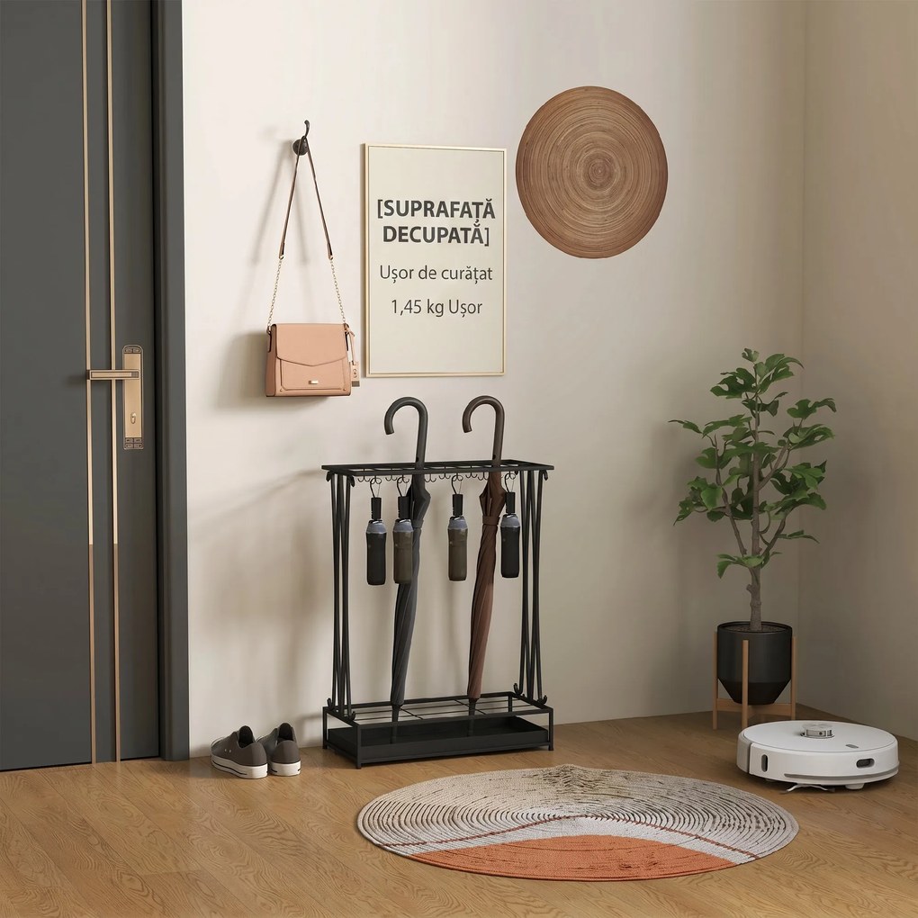 HOMCOM Suport pentru Umbrele din Oțel cu Tavă de Scurgere Detașabilă, 50x24x68 cm, Negru | Aosom Romania