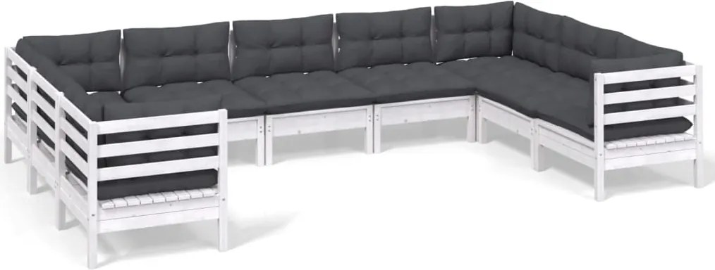 vidaXL Set mobilier de grădină cu perne, 9 piese, alb, lemn masiv pin